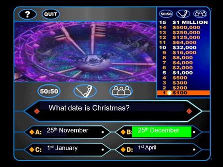 What date is Christmas? 25 th November25 th December 1 st January 1 st April.
