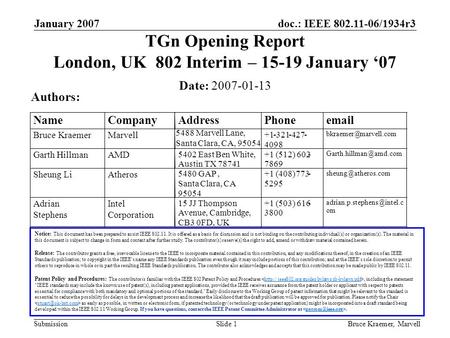 Doc.: IEEE 802.11-06/1934r3 Submission January 2007 Bruce Kraemer, MarvellSlide 1 TGn Opening Report London, UK 802 Interim – 15-19 January ‘07 Date: 2007-01-13.