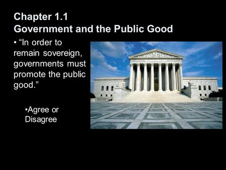 Chapter 1.1 Government and the Public Good “In order to remain sovereign, governments must promote the public good.” Agree or Disagree.