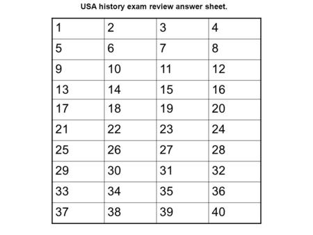 1234 5678 9101112 13141516 17181920 21222324 25262728 29303132 33343536 37383940 USA history exam review answer sheet.