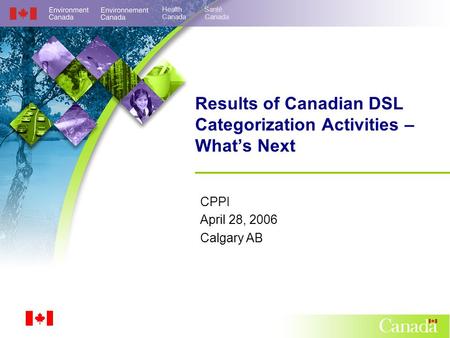 Results of Canadian DSL Categorization Activities – What’s Next CPPI April 28, 2006 Calgary AB Health Santé Canada.