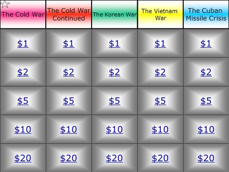 $2 $5 $10 $20 $1 $2 $5 $10 $20 $1 $2 $5 $10 $20 $1 $2 $5 $10 $20 $1 $2 $5 $10 $20 $1 The Cold War Continued The Korean War The Vietnam War The Cuban Missile.