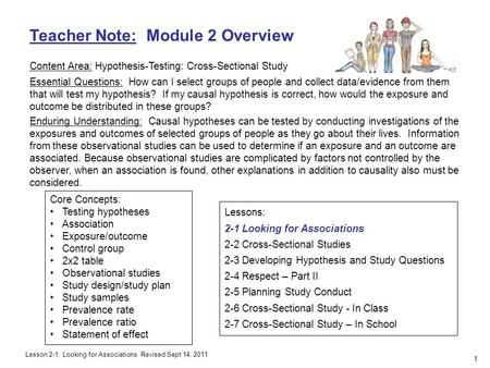 Teacher Note: Module 2 Overview Content Area: Hypothesis-Testing: Cross-Sectional Study Essential Questions: How can I select groups of people and collect.