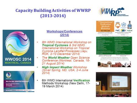 Capacity Building Activities of WWRP (2013-2014) Workshops/Conferences (2014) 8th WMO International Workshop on Tropical Cyclones & 3rd WMO International.