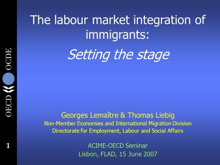 1 The labour market integration of immigrants: Setting the stage Georges Lemaître & Thomas Liebig Non-Member Economies and International Migration Division.