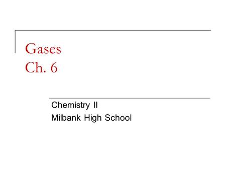 Gases Ch. 6 Chemistry II Milbank High School. Kinetic Molecular Theory All matter is composed of tiny, discrete particles called molecules They are in.