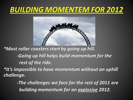 BUILDING MOMENTEM FOR 2012 *Most roller coasters start by going up hill. -Going up hill helps build momentum for the rest of the ride. rest of the ride.