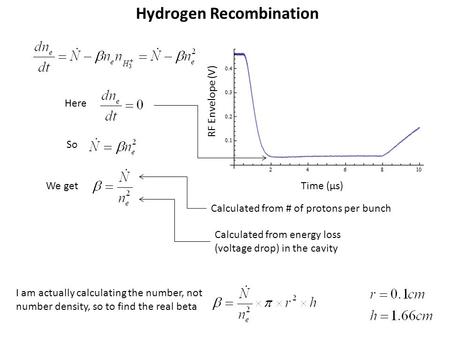 Hydrogen Recombination Time (µs) RF Envelope (V) Here So We get Calculated from # of protons per bunch Calculated from energy loss (voltage drop) in the.