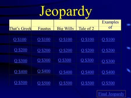 Jeopardy That’s GreekFaustusBig WillyTale of 2 Examples of Q $100 Q $200 Q $300 Q $400 Q $500 Q $100 Q $200 Q $300 Q $400 Q $500 Final Jeopardy.