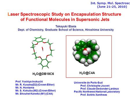 Int. Symp. Mol. Spectrosc. (June 21-25, 2010) Laser Spectroscopic Study on Encapsulation Structure of Functional Molecules in Supersonic Jets Laser Spectroscopic.