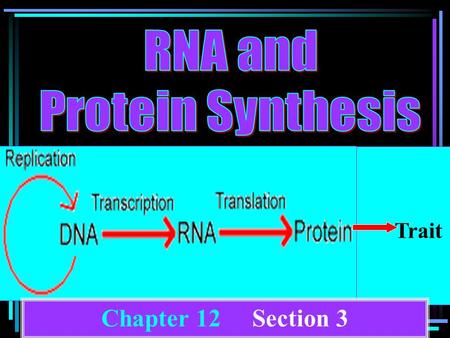 Trait Chapter 12 Section 3. Ribonucleic acid Responsible for the movement of genetic information from the DNA in the nucleus to the site of protein.