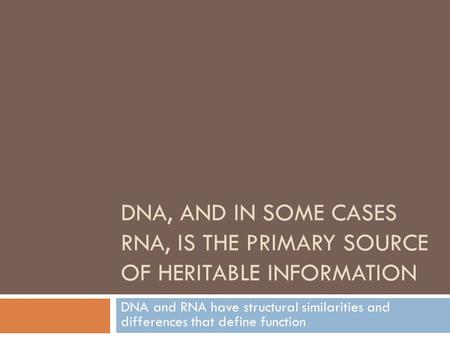 DNA, AND IN SOME CASES RNA, IS THE PRIMARY SOURCE OF HERITABLE INFORMATION DNA and RNA have structural similarities and differences that define function.