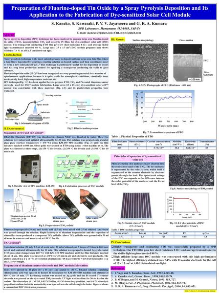 Preparation of Fluorine-doped Tin Oxide by a Spray Pyrolysis Deposition and Its Application to the Fabrication of Dye-sensitized Solar Cell Module S. Kaneko,