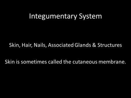 Integumentary System Skin, Hair, Nails, Associated Glands & Structures Skin is sometimes called the cutaneous membrane.