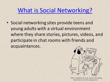 What is Social Networking? Social networking sites provide teens and young adults with a virtual environment where they share stories, pictures, videos,