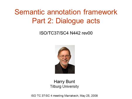 Semantic annotation framework Part 2: Dialogue acts ISO/TC37/SC4 N442 rev00 Harry Bunt Tilburg University ISO TC 37/SC 4 meeting Marrakech, May 25, 2008.