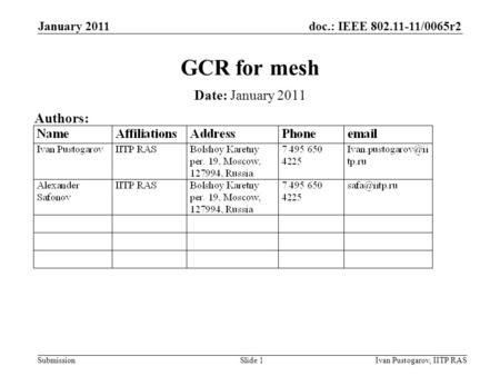Doc.: IEEE 802.11-11/0065r2 Submission January 2011 Ivan Pustogarov, IITP RASSlide 1 GCR for mesh Date: January 2011 Authors: