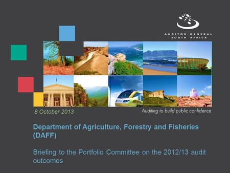 Department of Agriculture, Forestry and Fisheries (DAFF) Briefing to the Portfolio Committee on the 2012/13 audit outcomes 8 October 2013.