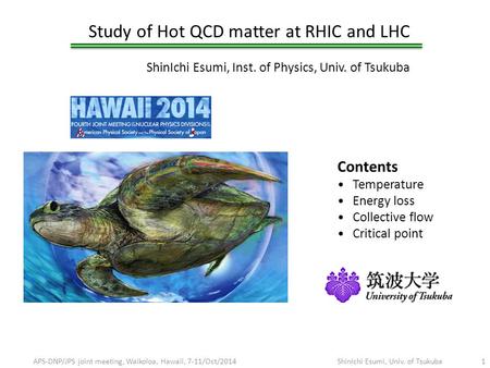 Study of Hot QCD matter at RHIC and LHC ShinIchi Esumi, Inst. of Physics, Univ. of Tsukuba APS-DNP/JPS joint meeting, Waikoloa, Hawaii, 7-11/Oct/2014ShinIchi.