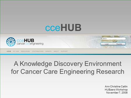 CceHUB A Knowledge Discovery Environment for Cancer Care Engineering Research Ann Christine Catlin HUBzero Workshop November 7, 2008.