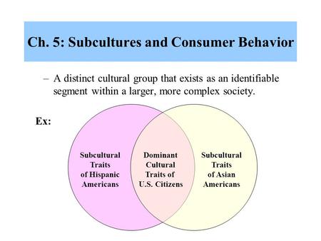 Ch. 5: Subcultures and Consumer Behavior –A distinct cultural group that exists as an identifiable segment within a larger, more complex society. Subcultural.