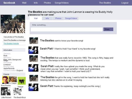 Facebook The Beatles are making sure that John Lennon is wearing his Buddy Holly glasses so he can see! WallInfoPhotosSongs/VideosThe BeatlesLogout View.
