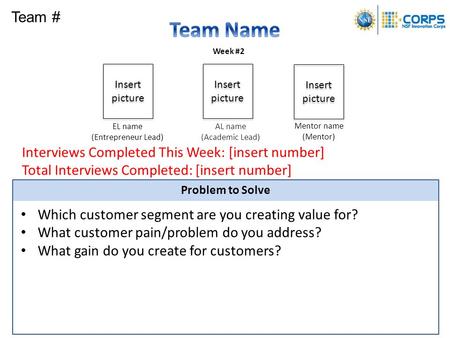 Problem to Solve Which customer segment are you creating value for? What customer pain/problem do you address? What gain do you create for customers? Week.