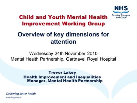 Child and Youth Mental Health Improvement Working Group Overview of key dimensions for attention Wednesday 24th November 2010 Mental Health Partnership,