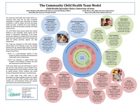 The Community Child Health Team Model Child Health Specialty Clinics, University of Iowa Debra Waldron, MD, MPH, FAAP; Director and Chief Medical OfficerVickie.