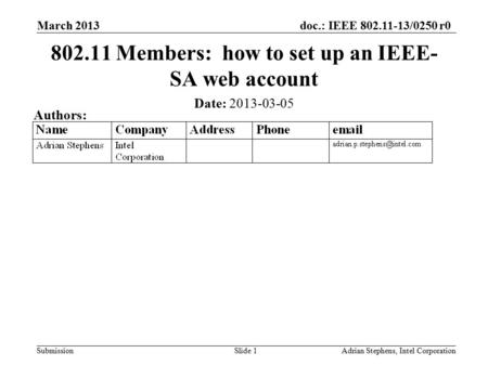 Doc.: IEEE 802.11-13/0250r0 Submission March 2013 Adrian Stephens, Intel CorporationSlide 1 802.11 Members: how to set up an IEEE- SA web account Date:
