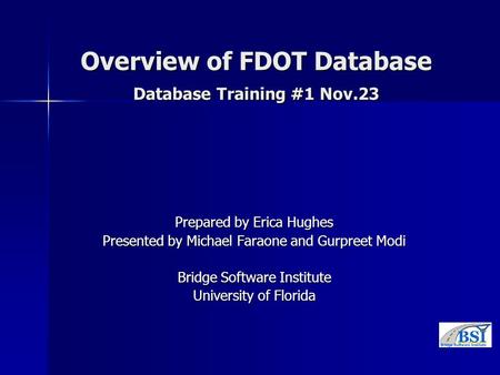 Overview of FDOT Database Database Training #1 Nov.23 Prepared by Erica Hughes Presented by Michael Faraone and Gurpreet Modi Bridge Software Institute.