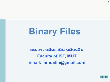 1 Binary Files ผศ. ดร. หมัดอามีน หมันหลิน Faculty of IST, MUT