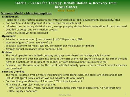 Odelia – Center for Therapy, Rehabilitation & Recovery from Breast Cancer Arad, Isaral Economic Model – Main Assumptions - Establishment: - Public hotel.