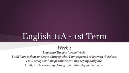 English 11A - 1st Term Week 1 Learning Targets for the Week: I will have a clear understanding of what I am expected to learn in this class. I will recognize.