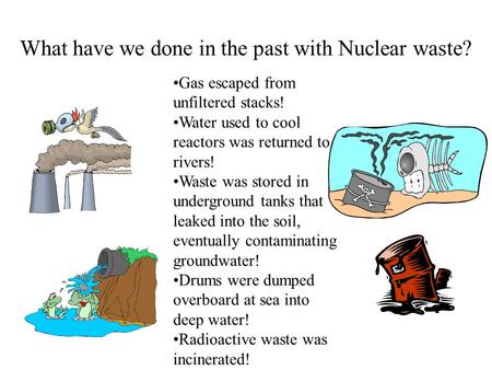 What have we done in the past with Nuclear waste? Gas escaped from unfiltered stacks! Water used to cool reactors was returned to rivers! Waste was stored.