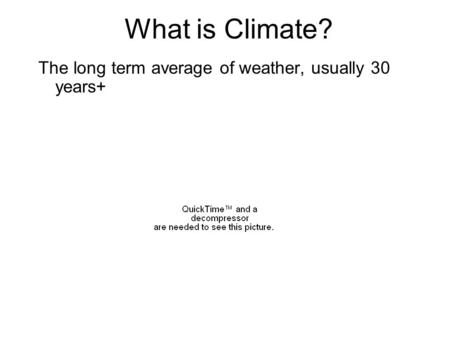 What is Climate? The long term average of weather, usually 30 years+