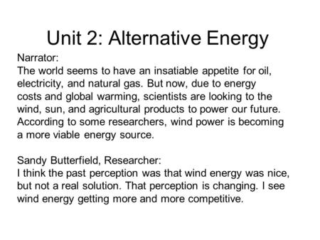 Unit 2: Alternative Energy