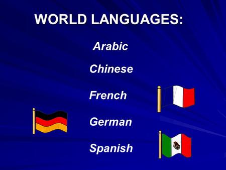 WORLD LANGUAGES: Spanish German French Arabic Chinese.