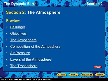 The Dynamic EarthSection 2 Section 2: The Atmosphere Preview Bellringer Objectives The Atmosphere Composition of the Atmosphere Air Pressure Layers of.