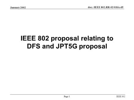 Page 1 January 2002 doc.: IEEE 802.RR-02/018A-d5 IEEE 802 IEEE 802 proposal relating to DFS and JPT5G proposal.