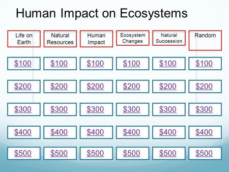 $200 $100 $300 $400 $500 $100 $200 $300 $400 $500 $100 $200 $300 $400 $500 Life on Earth Natural Resources RandomHuman Impact Ecosystem Changes Natural.