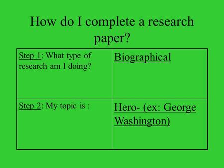 How do I complete a research paper? Hero- (ex: George Washington) Step 2: My topic is : Biographical Step 1: What type of research am I doing?