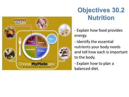 Objectives 30.2 Nutrition - Explain how food provides energy.