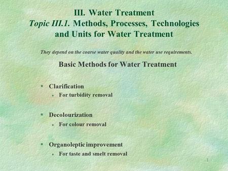 Basic Methods for Water Treatment