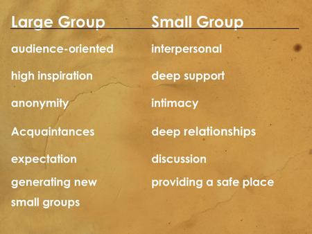 Large Group Small Group audience-orientedinterpersonal high inspirationdeep support anonymityintimacy Acquaintancesdeep relationships expectationdiscussion.