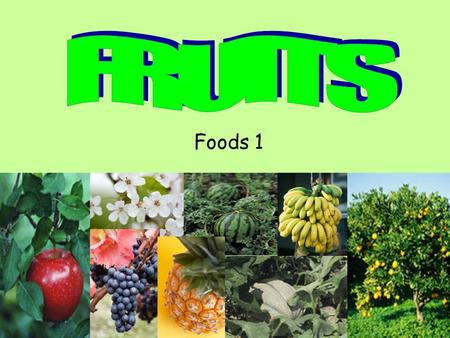 Foods 1. Fruits - The mature part of a flowering plant A. The seed bearing part of a plant B. A product of a tree or plant containing the seed, used as.