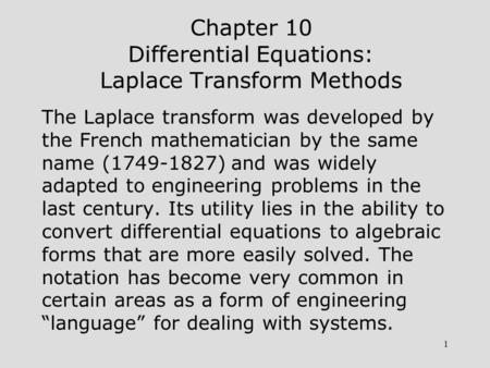 Chapter 10 Differential Equations: Laplace Transform Methods