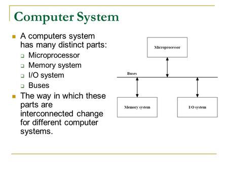 Computer System A computers system has many distinct parts:  Microprocessor  Memory system  I/O system  Buses The way in which these parts are interconnected.