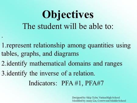 Objectives The student will be able to:. 1.represent relationship among quantities using tables, graphs, and diagrams 2.identify mathematical domains and.