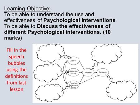 Learning Objective: To be able to understand the use and effectiveness of Psychological Interventions To be able to Discuss the effectiveness of different.